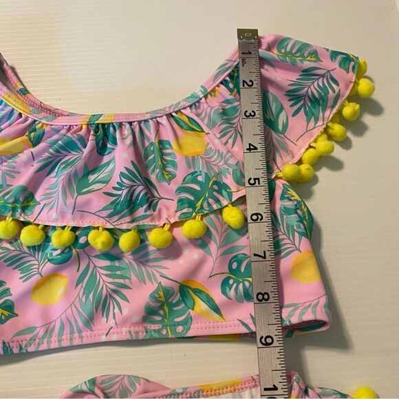 Nicole Miller 2 PC Tropical Pink Green Pom Pom Bikini Swimsuit UPF 50 Girl S 7/8 - Picture 6 of 10